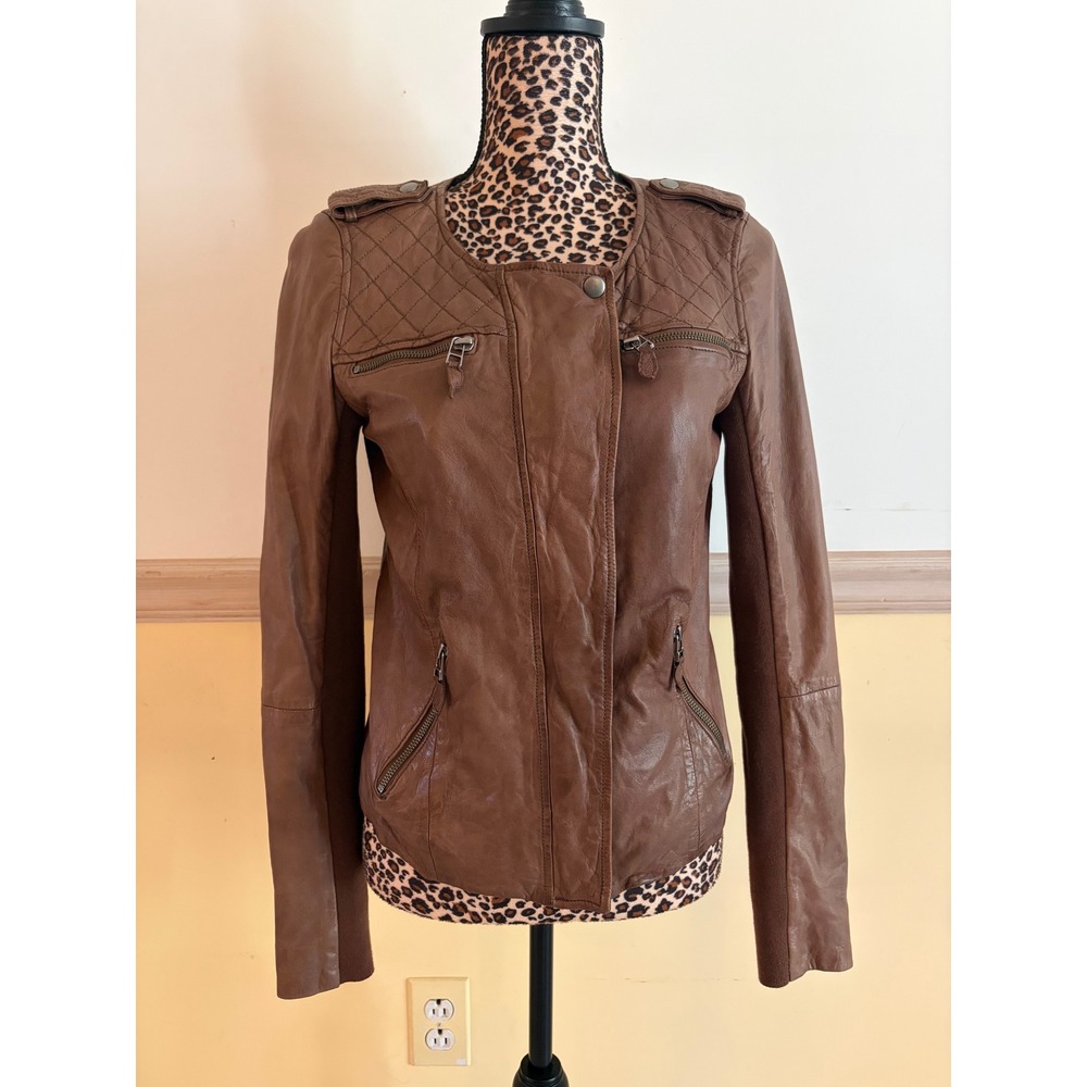 Hinge Brown Leather Moto Jacket Women Small Quilted Collarless HL300130MI